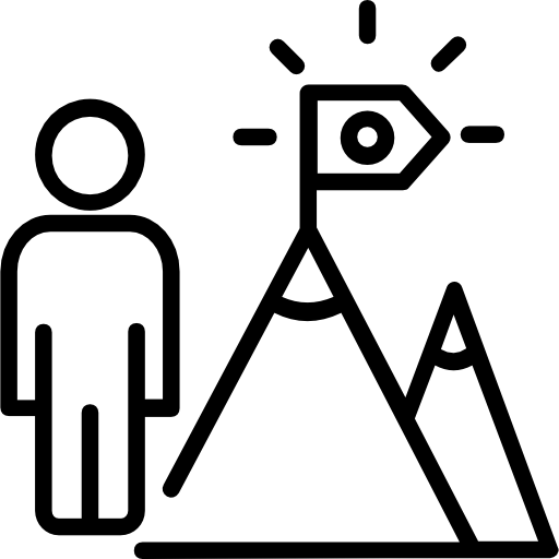 Outline of a person next to a mountain with a flag featuring an eye symbol.