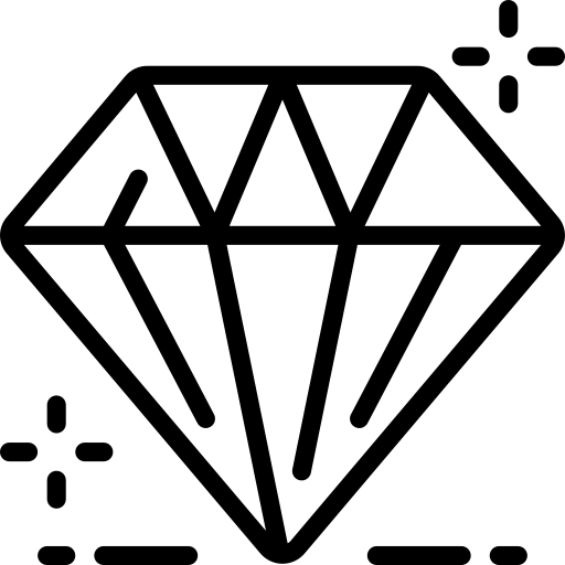 A simple line drawing of a sparkling diamond with geometric facets.